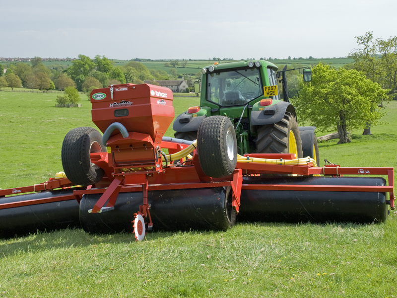 HE-VA Grass Roller mounted with mechanically driven Air Seeder