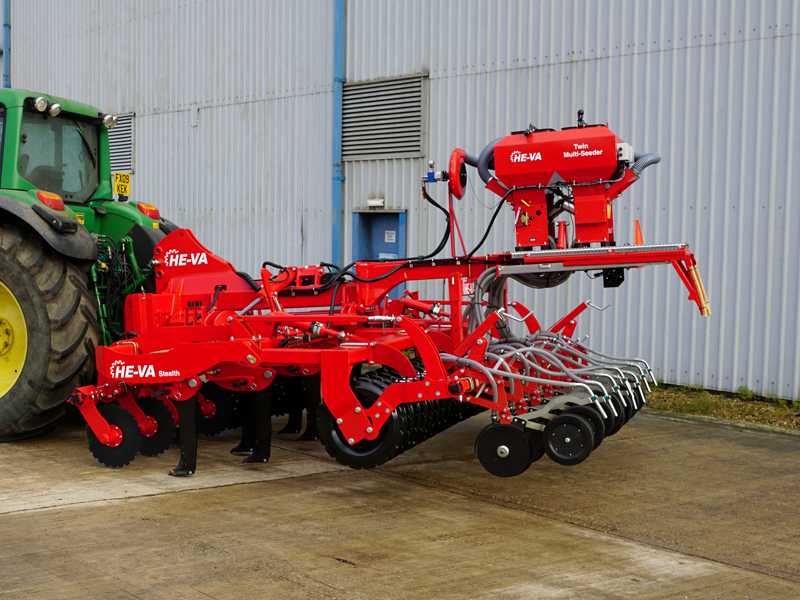 4m HE-VA Stealth fitted with HE-VA Accu-Disc and HE-VA Multi-Seeder Twin, in yard