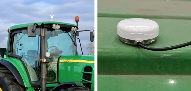 GPS receiver fitted to John Deere tractor for HE-VA Multi-Seeder